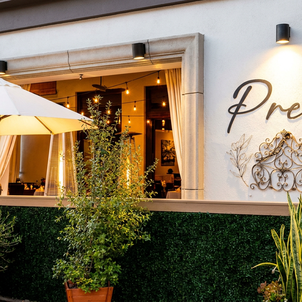Prego restaurant exterior with open windows, patio umbrella, warm lighting, greenery, and decorative wall signage.