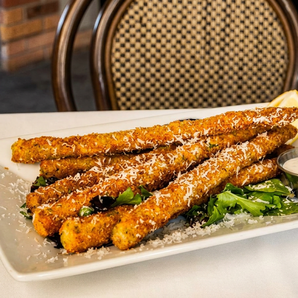 Crispy breaded vegetable sticks topped with grated cheese, served over greens with dipping sauce on a restaurant plate.