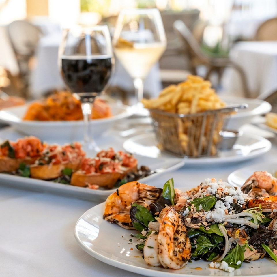 Outdoor restaurant table featuring grilled shrimp salad, fries, assorted dishes, wine, and fresh juice.