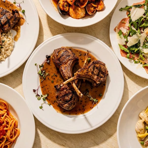 Overhead spread of plated Italian dishes, including lamb chops, mushroom risotto, seafood, salad, spaghetti marinara, and creamy pasta.