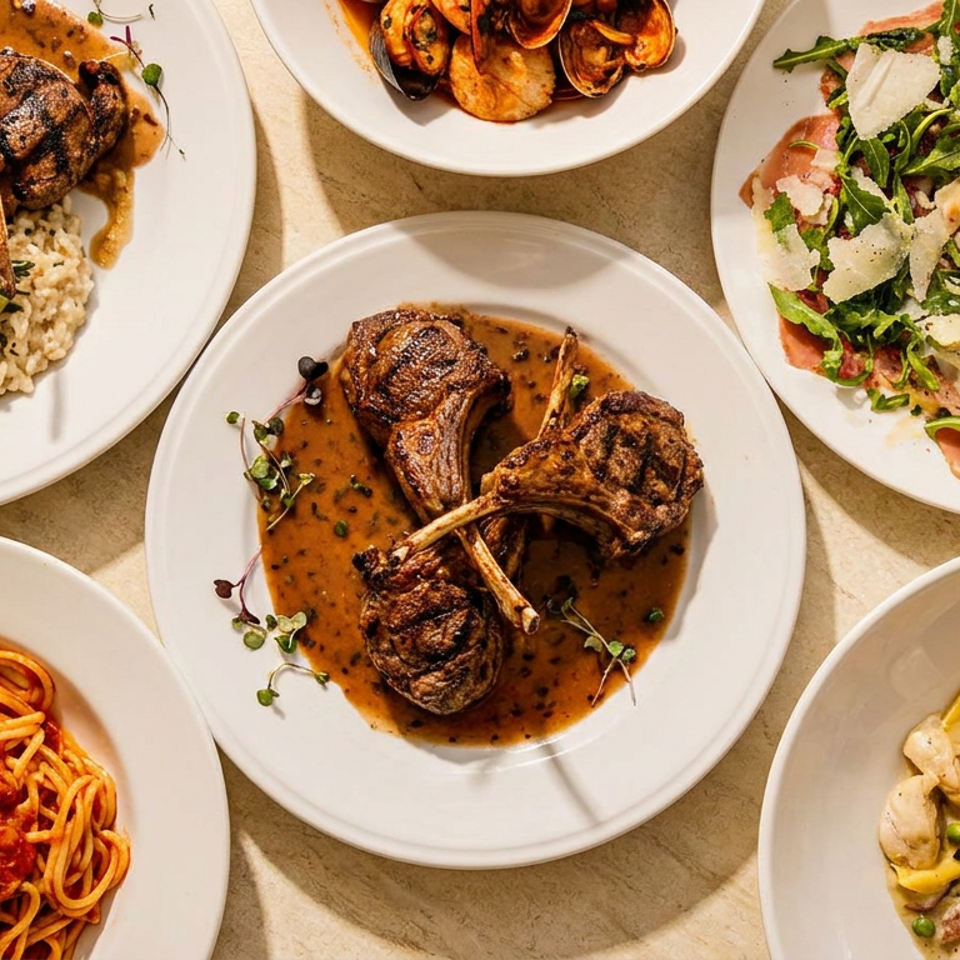 Overhead spread of plated Italian dishes, including lamb chops, mushroom risotto, seafood, salad, spaghetti marinara, and creamy pasta.
