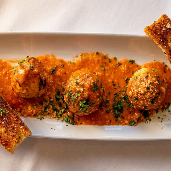 Three meatballs with tomato sauce and herbs, served on a rectangular plate with toasted bread strips.